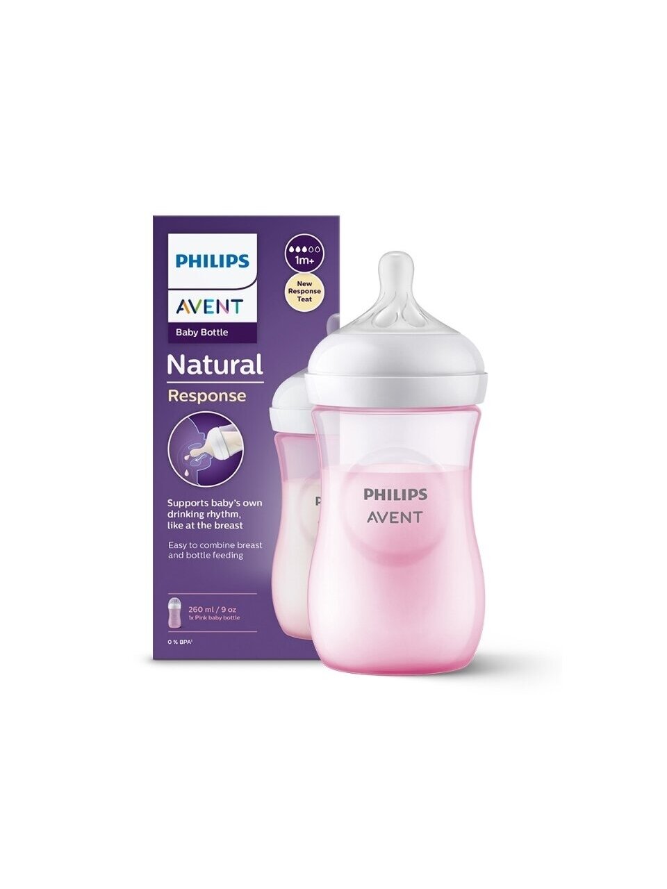 Pudelīte Philips Avent Natural Response, rozā, 1 mēn+, 260 ml Pudelīte Philips Avent Natural Response, rozā, 1 mēn+, 260 ml