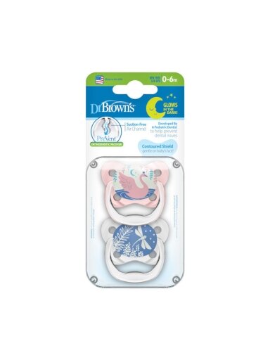 Dr. Brown’s PV12007 Prevent Pink ortodontiskie knupīši (2 gab., 0–6 mēneši)