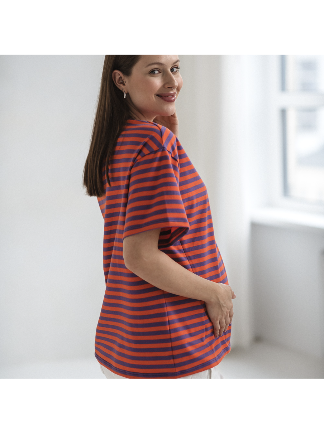 Maternity & Nursing T-Shirt Mamahood (Purple-Orange Stripes) 1