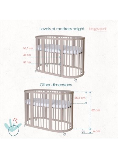 Oval convertible baby crib 9in1 Smart, Ingvart (Beige) 2