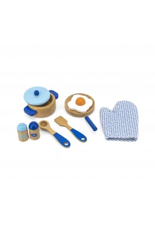 Rotaļlietas koka virtuves piederumu komplekts, zils